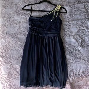 Off-the-shoulder navy blue formal dress